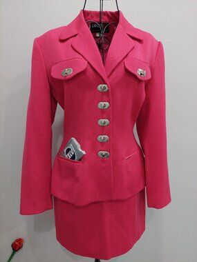 Vintage Lolita Lempicka Sz XS Pink Skirt Suit 90s French Designer Made In France